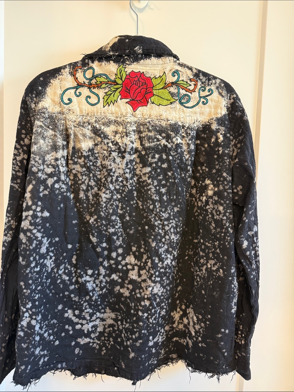Distressed Black Button-Up Shirt with Red Rose Embroidery - Picture 4 of 8